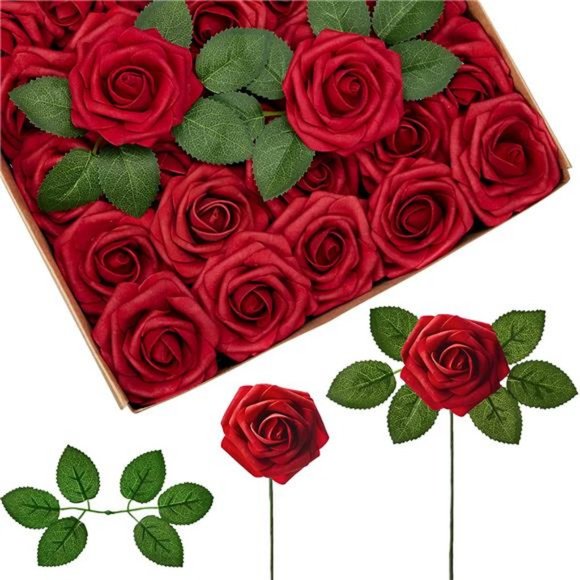 Artificial Flowers, 50 Pcs Faux Flowers Fake Flowers Dark Red Roses - Picture 1 of 7